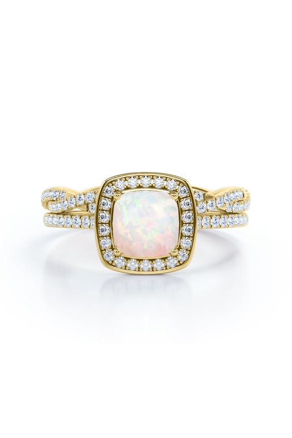 Infinity Eternity Pave 1.75 carat Cushion Cut Andamooka Opal And Moissanite Pave-Channel Halo Wedding Ring Set In 18K Yellow Gold Plating Over Silver
