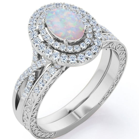 JeenMata Infinity Shank 1.5 Carat Egg-Shaped White Opal and Moissanite Pave Duo Halo Victorian Bridal Set in 18K White Gold Plating over Silver