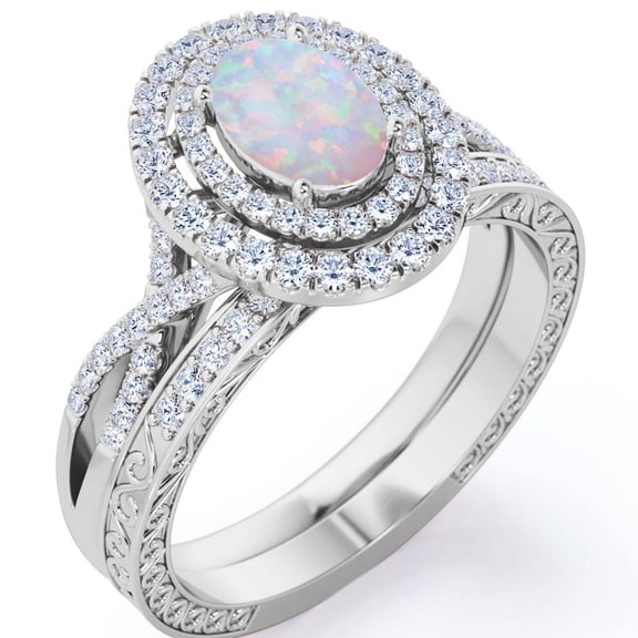 JeenMata Infinity Shank 1.5 Carat Egg-Shaped White Opal and Moissanite Pave Duo Halo Victorian Bridal Set in 18K White Gold Plating over Silver
