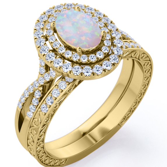 JeenMata Infinity Shank 1.5 Carat Egg-Shaped White Fire Opal and Moissanite Pave Duo Halo Victorian Bridal Set in 18K Yellow Gold Plating over Silver