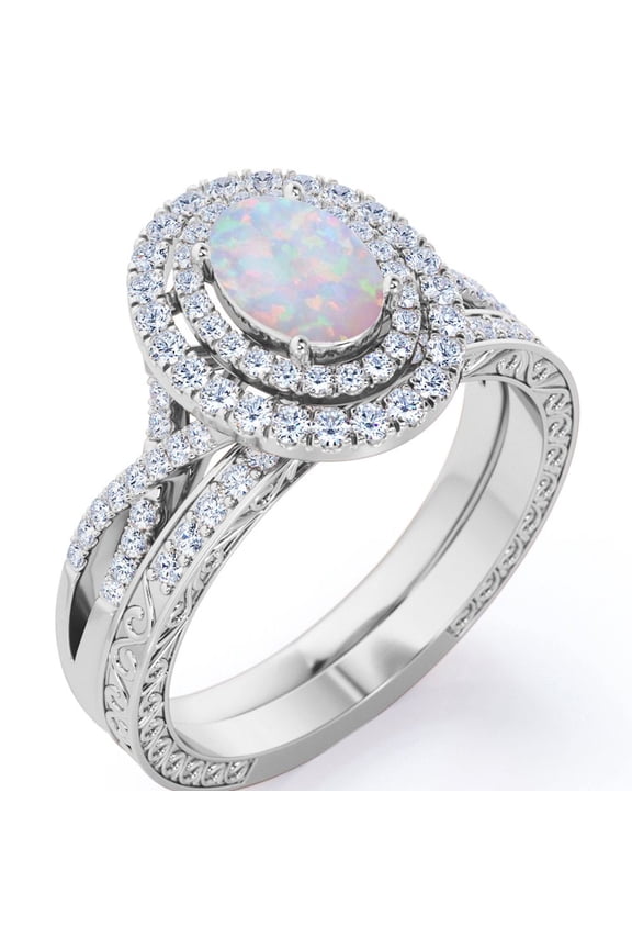 Infinity Shank 1.5 Carat Egg-Shaped White Opal and Moissanite Pave Duo Halo Victorian Bridal Set in 18K White Gold Plating over Silver