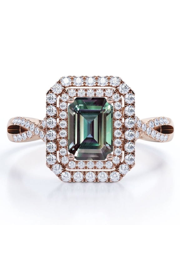 Infinity Twisted Pave Shank - 1.75 Carat Emerald Cut Lab Grown Alexandrite and Moissanite - Double Cluster Engagement Ring - 18K Rose Gold Plating over Silver