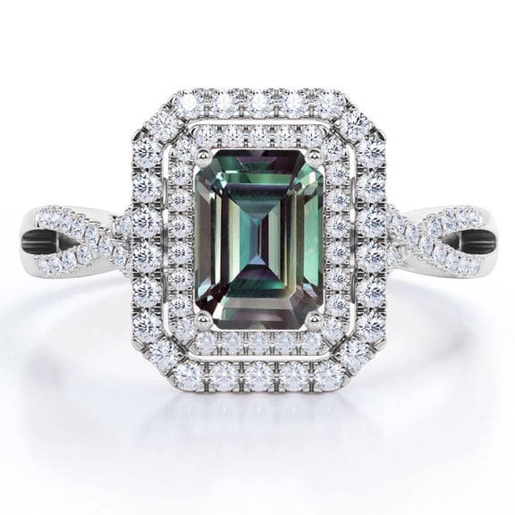 JeenMata Infinity Twisted Pave Shank - 1.75 Carat Emerald Cut Lab Grown Alexandrite and Moissanite - Double Cluster Engagement Ring - 18K White Gold Plating over Silver