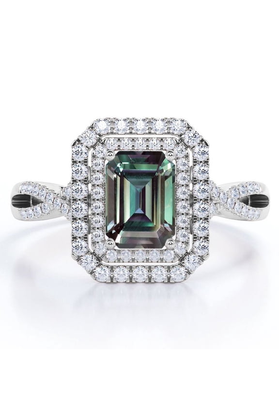Infinity Twisted Pave Shank - 1.75 Carat Emerald Cut Lab Grown Alexandrite and Moissanite - Double Cluster Engagement Ring - 18K White Gold Plating over Silver