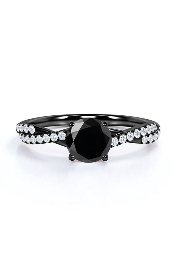 Infinity with Pave Accents - 1 TCW Round Shape Lab Created Black Diamond and Moissanite - Prong Engagement Ring