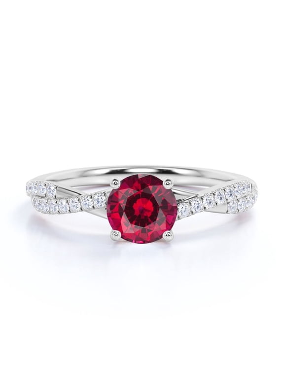 Infinity with Pave Accents - 1 TCW Round Shape Lab Created Ruby and Moissanite - Prong Engagement Ring - 18K White Gold Plating over Silver