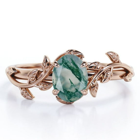 JeenMata Inspired by Nature - 1.3 Carat Oval Shape Milky White Moss Green Agate - Four Prong Setting Engagement Ring - 18K Rose Gold Plating over Silver