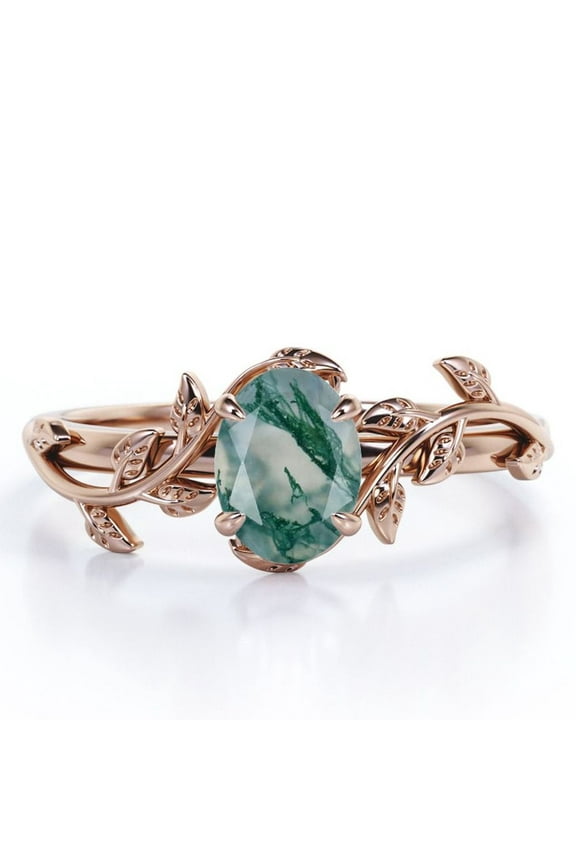 Inspired by Nature - 1.3 Carat Oval Shape Milky White Moss Green Agate - Four Prong Setting Engagement Ring - 18K Rose Gold Plating over Silver