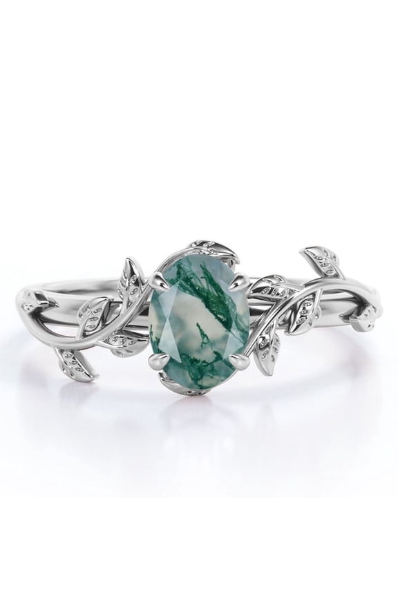Inspired by Nature - 1.3 Carat Oval Shape Milky White Moss Green Agate - Four Prong Setting Engagement Ring - 18K White Gold Plating over Silver