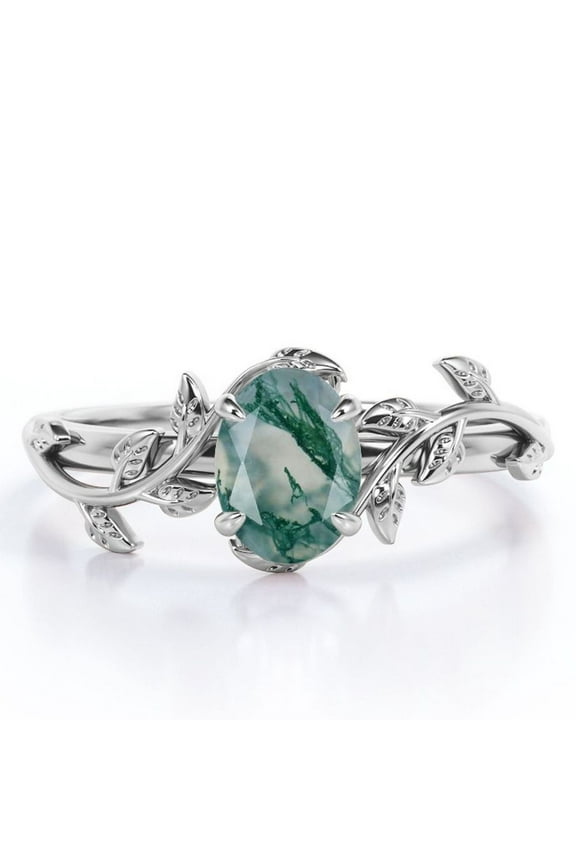 Inspired by Nature - 1.3 Carat Oval Shape Milky White Moss Green Agate - Four Prong Setting Engagement Ring - 18K White Gold Plating over Silver