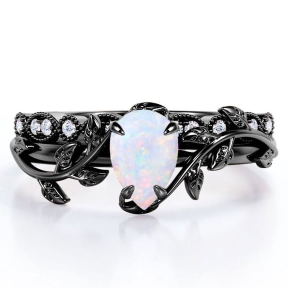 JeenMata Inspired by Nature - 1.75 Carat Pear Shape Boulder Opal and Moissanite - Filigree Milgrain Wedding Ring Set - 18K Black Gold Plating over Silver