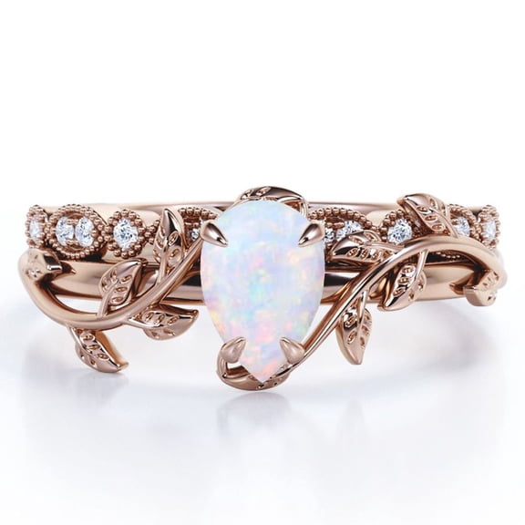 JeenMata Inspired by Nature - 1.75 Carat Pear Shape Boulder Opal and Moissanite - Filigree Milgrain Wedding Ring Set - 18K Rose Gold Plating over Silver