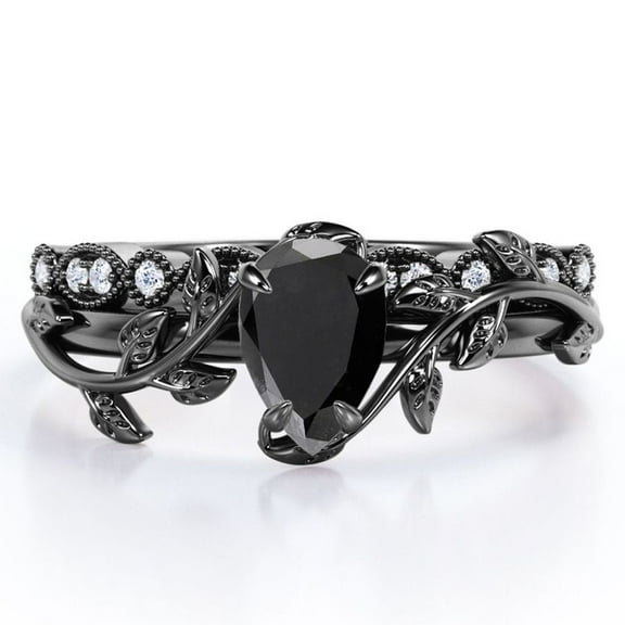 JeenMata Inspired by Nature - 1.75 Carat Pear Shape Lab Grown Black Diamond and Moissanite - Filigree Milgrain Wedding Ring Set - 18K Black Gold Plating over Silver