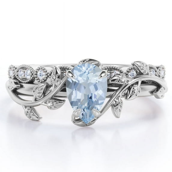 JeenMata Inspired by Nature - 1.75 Carat Pear Shape Vivid Blue Created Aquamarine and Moissanite - Filigree Milgrain Wedding Ring Set - 18K White Gold Plating over Silver