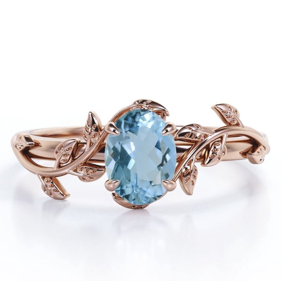 JeenMata Inspired by Nature - 1.3 Carat Oval Shape Created Aquamarine - Four Prong Setting Engagement Ring - 18K Rose Gold Plating over Silver