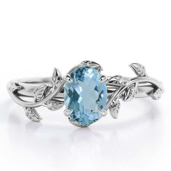 JeenMata Inspired by Nature - 1.3 Carat Oval Shape Created Aquamarine - Four Prong Setting Engagement Ring - 18K White Gold Plating over Silver