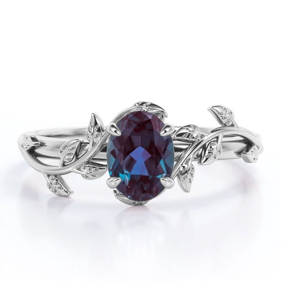 JeenMata Inspired by Nature - 1.3 Carat Oval Shape Lab Created Alexandrite - Four Prong Setting Engagement Ring - 18K White Gold Plating over Silver