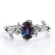JeenMata Inspired by Nature - 1.3 Carat Oval Shape Lab Created Alexandrite - Four Prong Setting Engagement Ring - 18K White Gold Plating over Silver