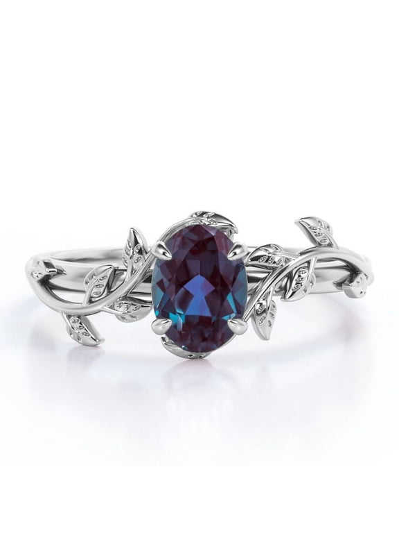 Inspired by Nature - 1.3 Carat Oval Shape Lab Created Alexandrite - Four Prong Setting Engagement Ring - 18K White Gold Plating over Silver