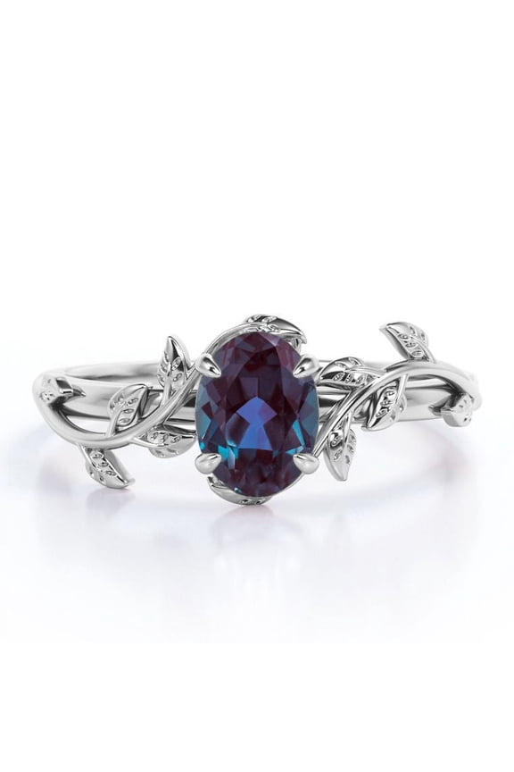 Inspired by Nature - 1.3 Carat Oval Shape Lab Created Alexandrite - Four Prong Setting Engagement Ring - 18K White Gold Plating over Silver