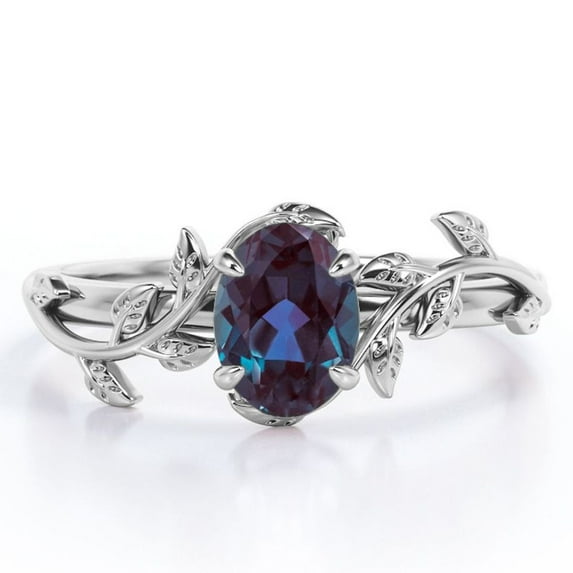 JeenMata Inspired by Nature - 1.3 Carat Oval Shape Lab Created Alexandrite - Four Prong Setting Engagement Ring - 18K White Gold Plating over Silver