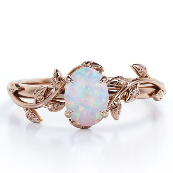 JeenMata Inspired by Nature - 1.3 Carat Oval Shape Rainbow Opal - Four Prong Setting Engagement Ring - 18K Rose Gold Plating over Silver