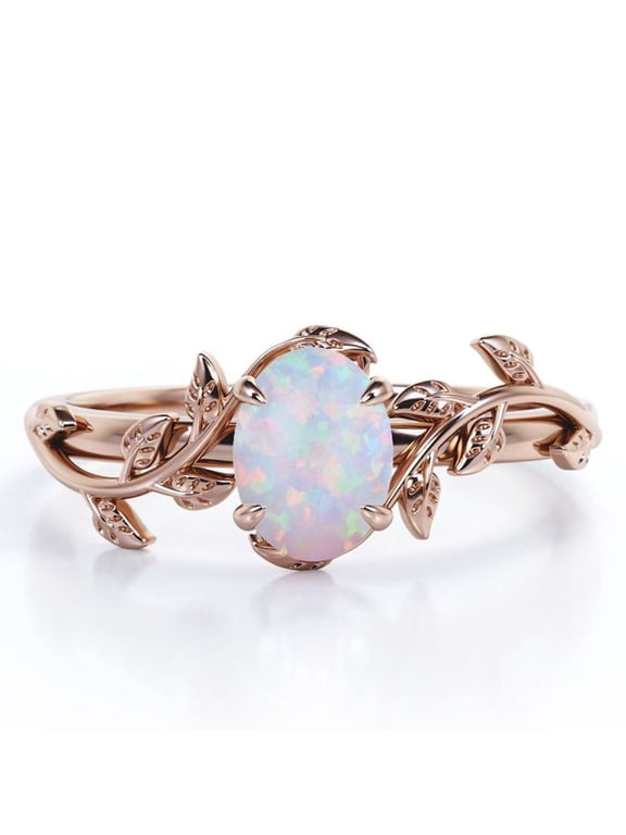 Inspired by Nature - 1.3 Carat Oval Shape Rainbow Opal - Four Prong Setting Engagement Ring - 18K Rose Gold Plating over Silver