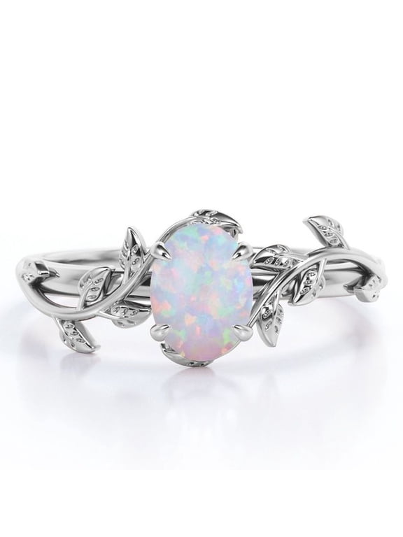 Inspired by Nature - 1.3 Carat Oval Shape Rainbow Opal - Four Prong Setting Engagement Ring - 18K White Gold Plating over Silver