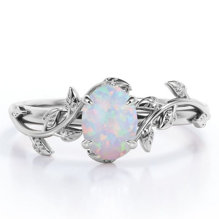 JeenMata Inspired by Nature 1.3 Carat Oval Shape Rainbow Opal Four Prong Setting Engagement Ring 18K White Gold Plating over Silver Walmart