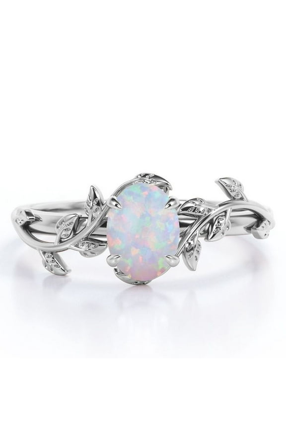 Inspired by Nature - 1.3 Carat Oval Shape Rainbow Opal - Four Prong Setting Engagement Ring - 18K White Gold Plating over Silver