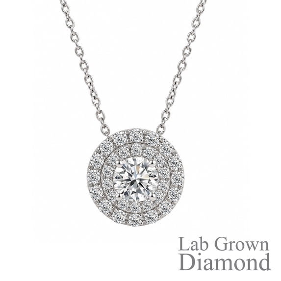 JeenMata Lab Grown Diamond 1 Carat Round Cut Double Halo Pendant Necklace in 18K White Gold Plating for Women