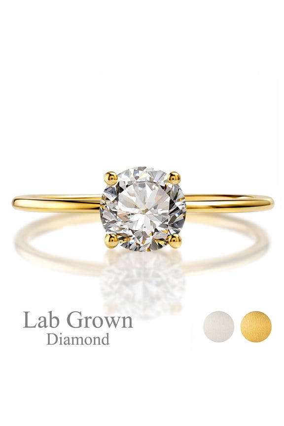 Lab Grown Diamond 1 Carat Round Cut Solitaire Engagement Ring in Real Solid 10K Yellow Gold for Women, Gift for Her, Female, Girlfriend