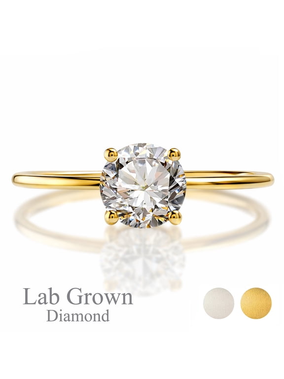 Lab Grown Diamond 1 Carat Round Cut Solitaire Engagement Ring in Real Solid 10K Yellow Gold for Women, Gift for Her, Female, Girlfriend
