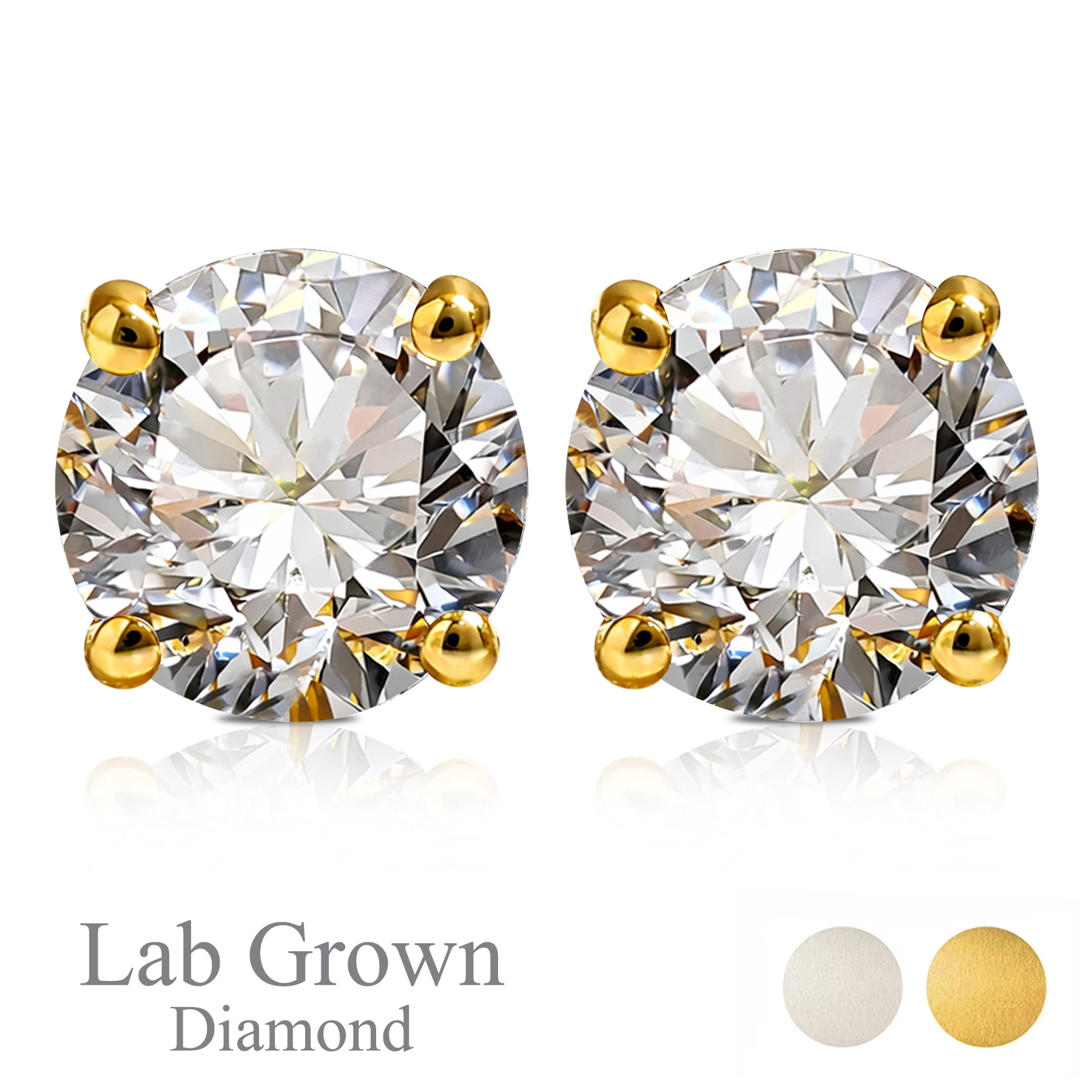 JeenMata Lab Grown Diamond Earrings 1 Carat Round Cut Real Solid 10K Yellow Gold Solitaire Studs for Women
