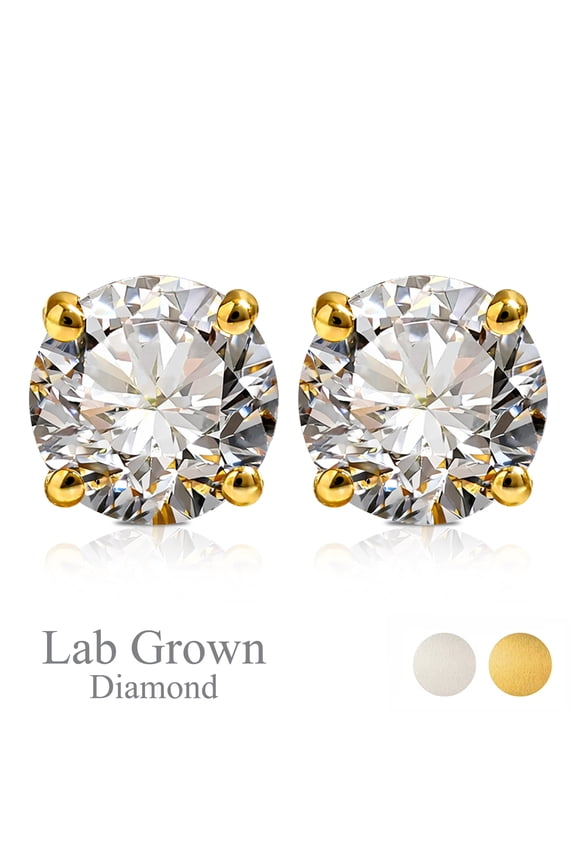 Lab Grown Diamond Earrings 1 Carat Round Cut Real Solid 10K Yellow Gold Solitaire Studs for Women