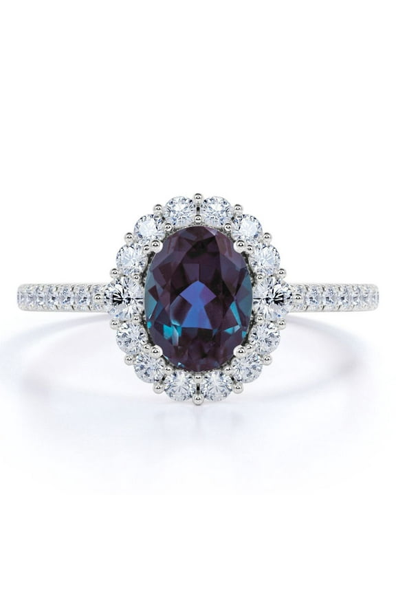 Large 1.5 Carat Oval Cut Synthetic Alexandrite and Moissanite Cluster Engagement Ring - Lady Diana Ring Style - 18k White Gold over Silver