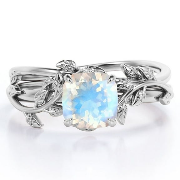 JeenMata Leaf Branch Vine - 1.0 TCW Cushion Cut Blue Moonstone - Solitaire Prong Wedding Ring Set - 18K White Gold Plating over Silver