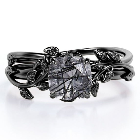 JeenMata Leaf Branch Vine - 1 TCW Cushion Cut Black Rutilated Quartz - Solitaire Prong Wedding Ring Set - 18K Black Gold Plating over Silver