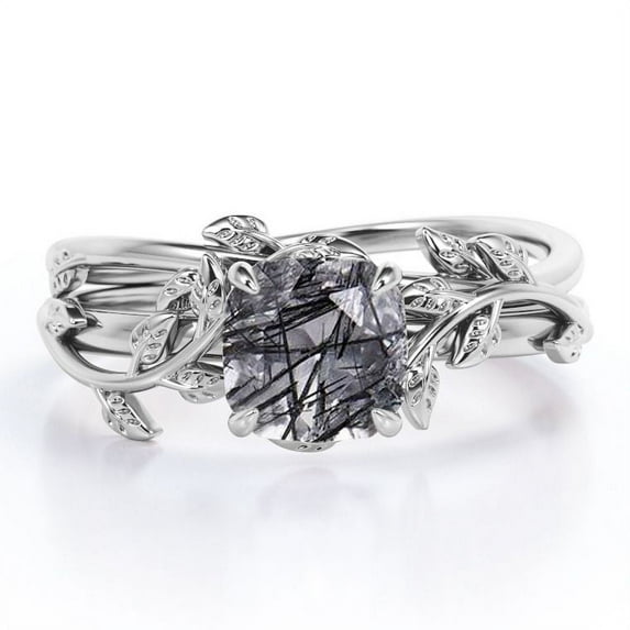 JeenMata Leaf Branch Vine - 1 TCW Cushion Cut Black Rutilated Quartz - Solitaire Prong Wedding Ring Set - 18K White Gold Plating over Silver