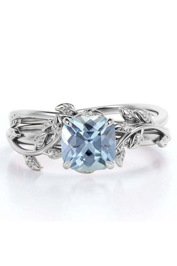 Leaf Pattern 1 Carat Cushion Cut Bright Blue Created Aquamarine Solitaire Bridal Set in 18K White Gold Plating over Silver