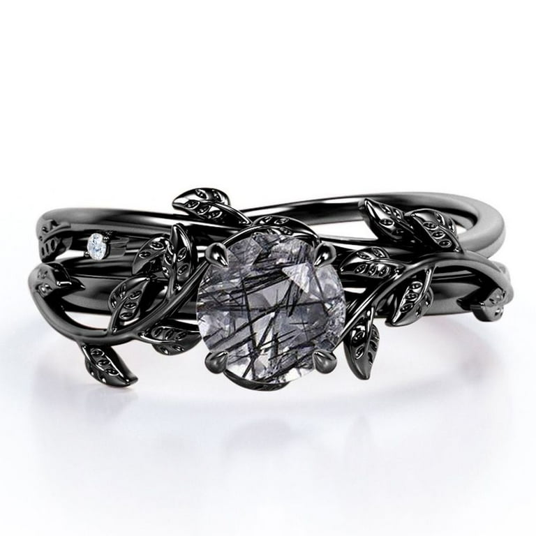 JeenMata Leaf and Vine TCW Round Cut Black Rutilated Quartz