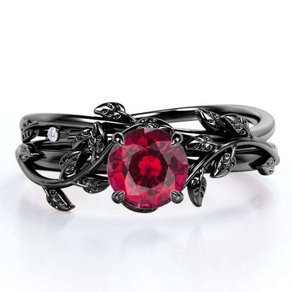 JeenMata Leaf and Vine - 0.5 TCW Round Cut Lab Created Ruby - Solitaire Wedding Ring Set - 18K Black Gold Plating over Silver