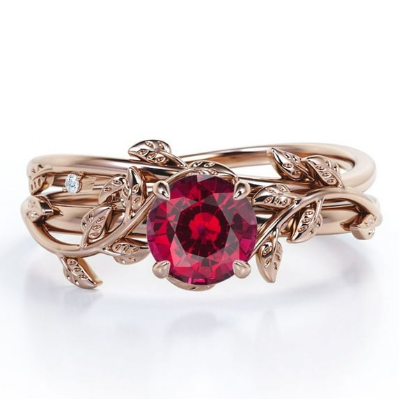 JeenMata Leaf and Vine - 0.5 TCW Round Cut Lab Created Ruby - Solitaire Wedding Ring Set - 18K Rose Gold Plating over Silver