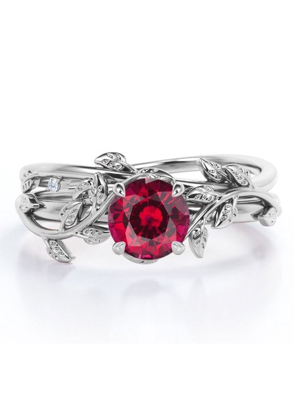Leaf and Vine - 0.5 TCW Round Cut Lab Created Ruby - Solitaire Wedding Ring Set - 18K White Gold Plating over Silver