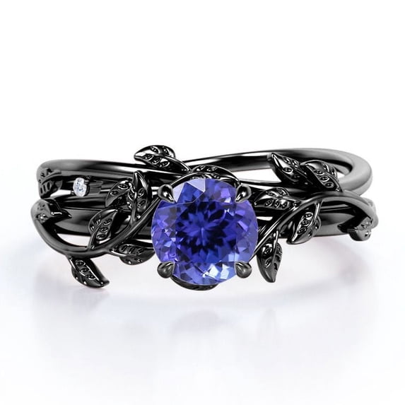 JeenMata Leaf and Vine - 0.5 TCW Round Cut Lab Created Tanzanite - Solitaire Wedding Ring Set - 18K Black Gold Plating over Silver