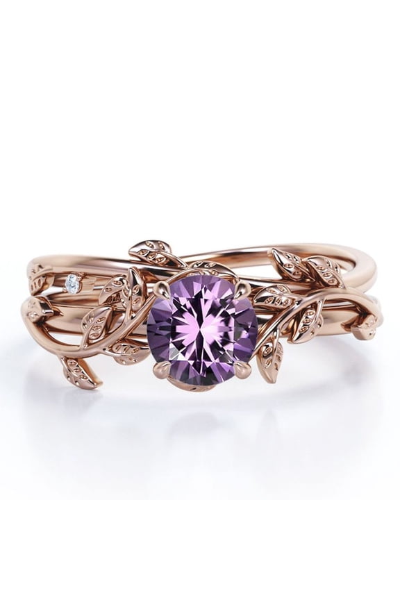 Leaf and Vine - 0.5 TCW Round Cut Purple Amethyst - Solitaire Wedding Ring Set - 18K Rose Gold Plating over Silver