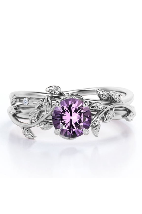 Leaf and Vine - 0.5 TCW Round Cut Purple Amethyst - Solitaire Wedding Ring Set - 18K White Gold Plating over Silver