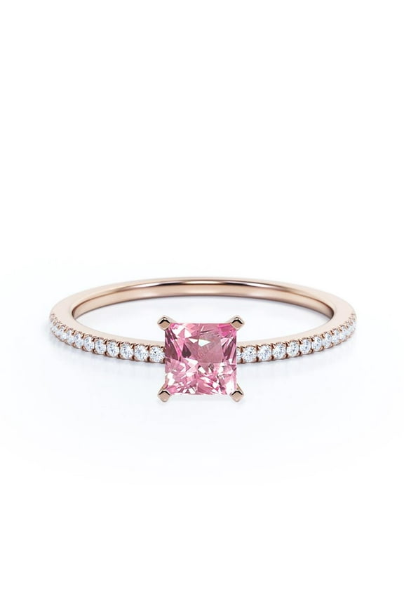 Limited Time Sale 1.5 Carat Princess cut created morganite and Moissanite Engagement Ring in 18k Gold Over Sterling Silver