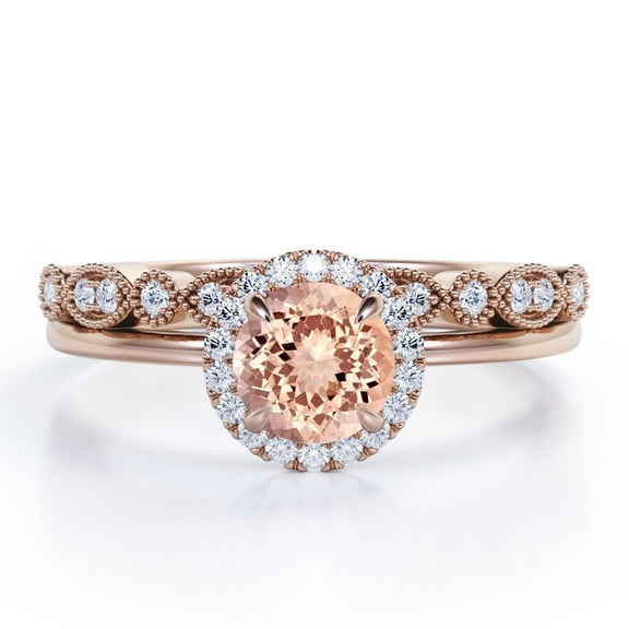 JeenMata Limited Time Sale 1.5 Carat Round cut created morganite and Moissanite Bridal Wedding Ring Set with Engagement Ring and Wedding Band in 18k Rose Gold Over Silver