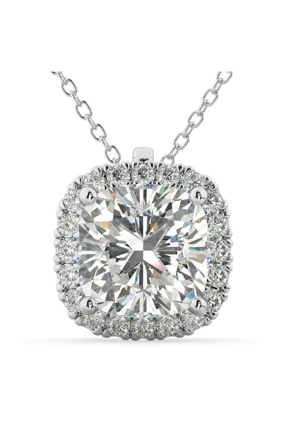 Limited Time Sale 1.75 Carat Cushion Cut Real Moissanite Halo Pendant Necklace in 18k White Gold Over Silver